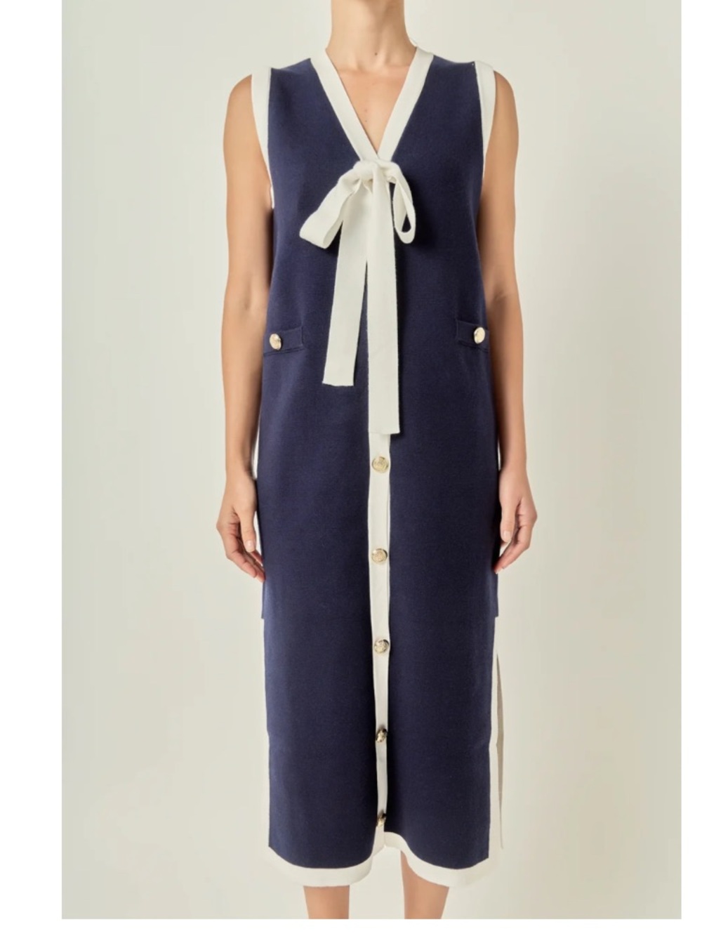 NWT Nicole Miller NY Sleeveless Navy Knit Tie-Front Midi Dress Cream Trim size L